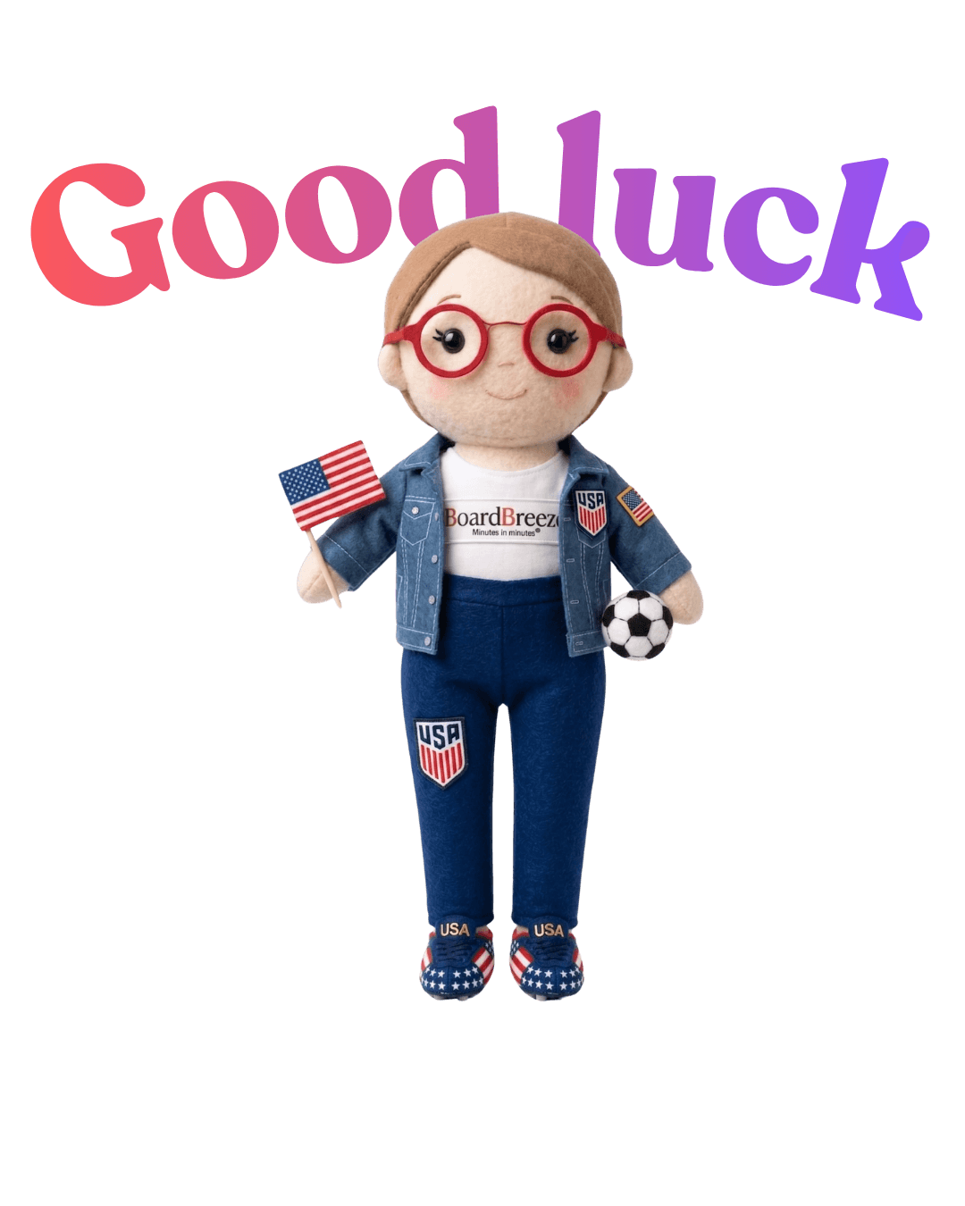 BoardBreeze mascot in USA soccer kit holding a soccer ball and American flag — Good luck